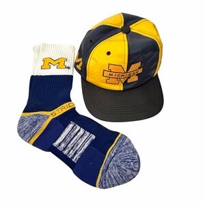 Vintage Modern Michigan Wolverines Football Leather Hat Cap + Men’s Socks NWOT